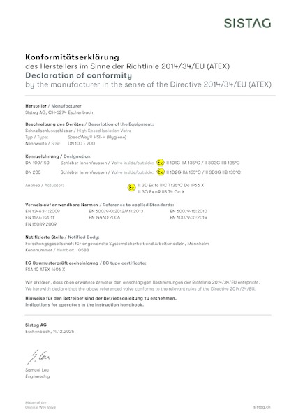 Konformitätserklärung ATEX HSI Hygiene-Ausführung
