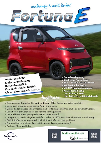 Noch schnell ein Brot und Milch aus dem Laden im Dorfzentrum holen oder in die Apotheke im Nachbarsdorf die dringend benötigten Medikamente besorgen. In der Stadt zu Freunden fahren oder zu einem gemütlichen Verweilen am See aufbrechen: Mit dem Fortuna E sind all die täglichen Wege, die zurückgelegt werden müssen kein Problem mehr!
Ganz im Gegenteil:

Geschützt vor der Witterung, wird jedes Komissiönle zum Vergnügen – sicher und extrem wendig ist jede noch so kleine Parklücke ein Kinderspiel mit dem Fortuna E!

Kommen auch Sie in den Genuss dieser Unabhängigkeit und mobilen Freiheit und vereinbaren Sie Ihre Probefahrt mit dem Fortuna E 

Die Fortuna E Highlights
Kostengünstig
Ökonomisch in der Anschaffung und im Betrieb.
Umweltfreundlich
Mit Elektroantrieb sauber unterwegs.
Entspricht Schweizer Standards
Erstes und einziges Fahrzeug dieses Typs, dass eine Schweizer Typengenehmigung besitzt!
Wettergeschützt
Komfortables Fahrvergnügen unabhängig vom Wetter.
Einfache Bedienung
Einsteigen und losfahren, kein Schalten und Kuppeln.

Das Fahrzeug, kann mit zwei verschieden Batterie-Versionen geliefert werden!
Standard Version, ist mit AGM AKKU
Optional: mit LiFePo4 AKKU

Was sind die Vorteile von Gel-Batterien?
Die Vorteile von Blei-Gel-Batterien bestehen zum einen in der Unempfindlichkeit gegenüber Vibrationen und Stößen. Zum anderen ist die generelle Sicherheit bei der Nutzung und Lagerung der Gel-Batterie höher. Die Batterie ist wartungsfrei und hat eine höhere Lebenserwartung als der klassische Blei-Säure-Akku.
Zu verdanken sind diese Vorteile der besonderen Konstruktion der Gel-Batterie. Wie bei Nass-Batterien - so nennt man Batterien mit einem flüssigen Elektrolyten - befindet sich auch bei einer Gel-Batterie der Elektrolyt zwischen den Elektroden. Allerdings ist der Elektrolyt nicht flüssig, sondern weist eine gelartige Konsistenz auf, die für diesen Batterietypen letztlich sogar namensgebend ist. Alternativ bezeichnet man Gel-Batterien übrigens auch als SLA-Batterien; SLA stammt aus dem Englischen und steht für "Sealed Lead Acid".
Durch die festen Elektrolyten kommt es bei Gel-Akkus zu keiner Umschichtung der Säure, die der Hauptgrund für die kurze Lebensdauer eines klassischen Blei-Akkus ist. Im Vergleich zur Blei-Säure-Batterie hat der Gel-Akku zudem folgende weitere Vorteile:

    rüttelfest und auslaufsicher
    geringe Selbstentladung
    Wartungsfreiheit
    400 bis 600 Ladezyklen Lebensdauer
    bis zu 50 % der Energie kann entnommen werden


Nachteile haben auch Gel-Batterien . Abgesehen von dem generell hohen Gewicht, das alle Blei-Akkus im Vergleich zu beispielsweise Lithium-Ionen-Akkus haben, ist bei den Gel-Batterien ein wesentlicher Nachteil gegeben: Sie haben einen höheren Innenwiderstand und können nur Ströme von einigen Hunderten Ampere liefern.

Li-FePO4 gelten allgemein als sicherer als Li-Ionen Batterien. Vor allem die thermische Sicherheit (Gefahr von Ueberhitzung) ist bei Li-FePO4 Batterien tiefer.
Li-Ionen Batterien haben eine um bis zu 20% höhere Energiedichte und sind ca. 20% leichter.
LiFePO4-Batterien bieten im Vergleich zu Lithium-Ionen-Batterien einen größeren Betriebstemperaturbereich. Sie funktionieren zuverlässig bei Temperaturen von -20 °C bis 60 °C.
LiFePO4-Batterien haben im Vergleich zu Lithium-Ionen-Batterien eine längere Lebensdauer. Sie überstehen Tausende von Lade- und Entladezyklen, bevor es zu deutlichen Leistungseinbußen kommt.
Diese längere Lebensdauer macht LiFePO4-Batterien zu einer zuverlässigen Wahl für Anwendungen, bei denen Langlebigkeit entscheidend ist.
Fazit: für unsere Fahrzeuge sind Li-FePO4 die bessere Wahl als Lithium – Ionen.

Mehr Informationen unter: www.bleib-mobil.ch