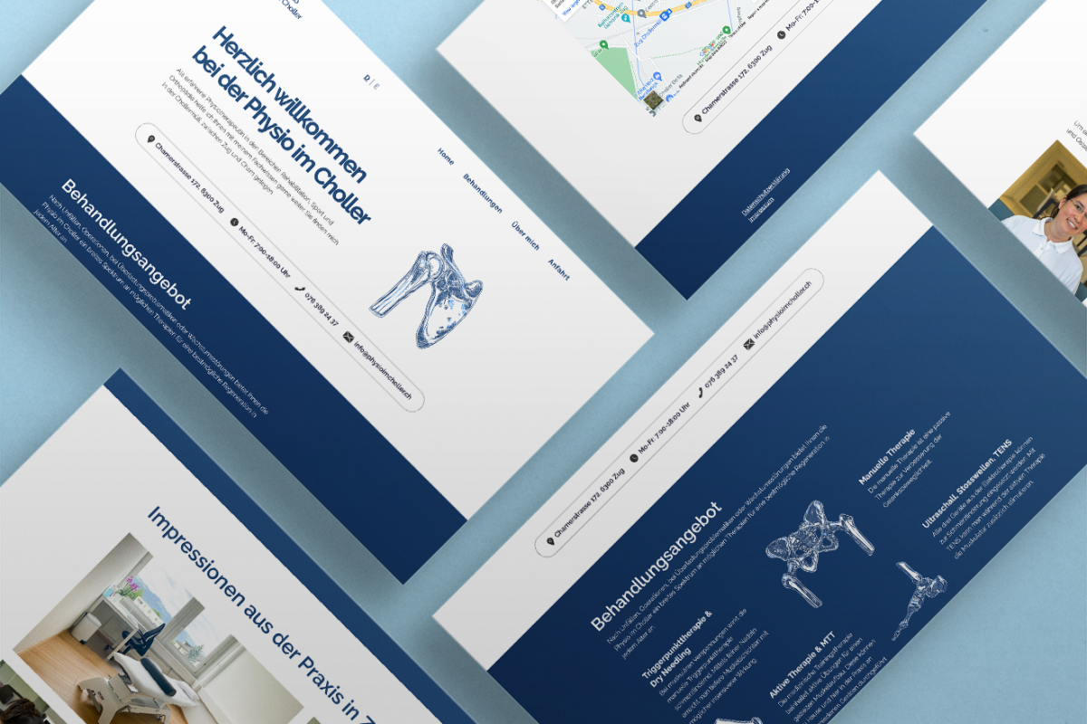 Website für eine Physiotherapie Praxis in Zug, mit selbst gezeichneten Gelenken im Stil alter Anat..