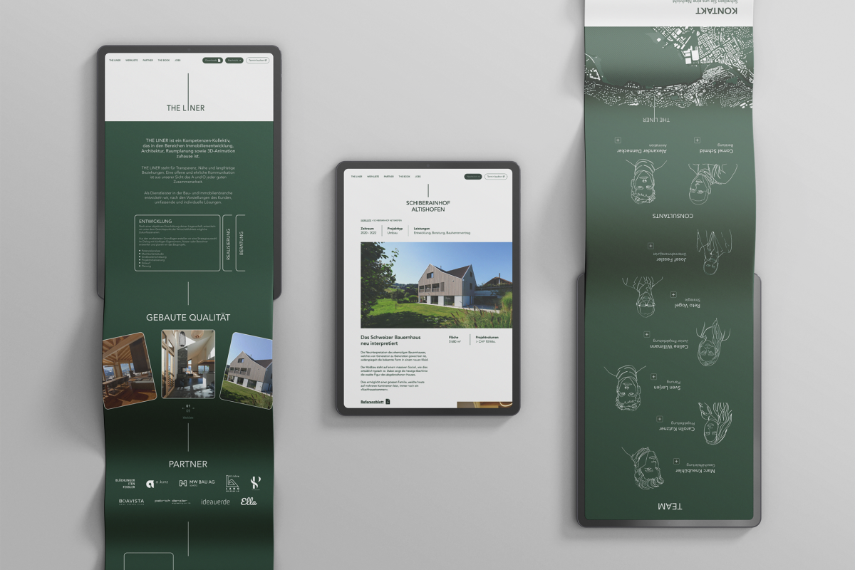 Website für THE LINER, ein Kollektiv für Immobilienentwicklung und Architektur in Luzern. Ruhiges ..