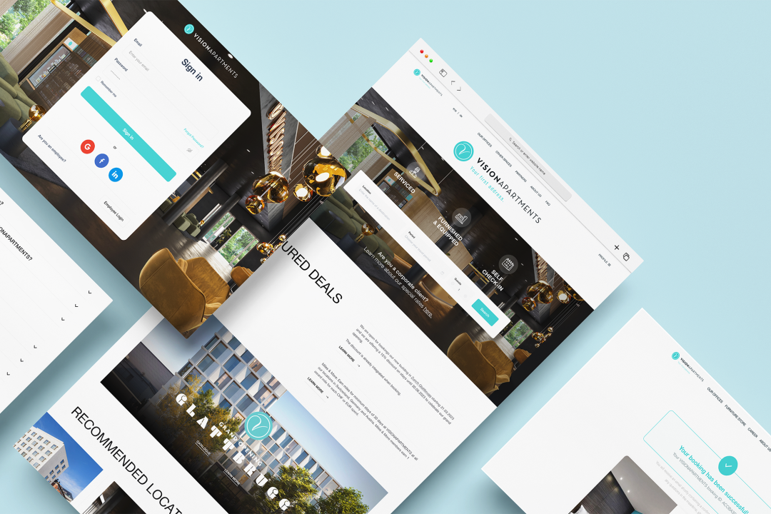 Website und Buchungsstrecke für VISIONAPARTMENTS, möblierte Apartments in der Schweiz und Europa.