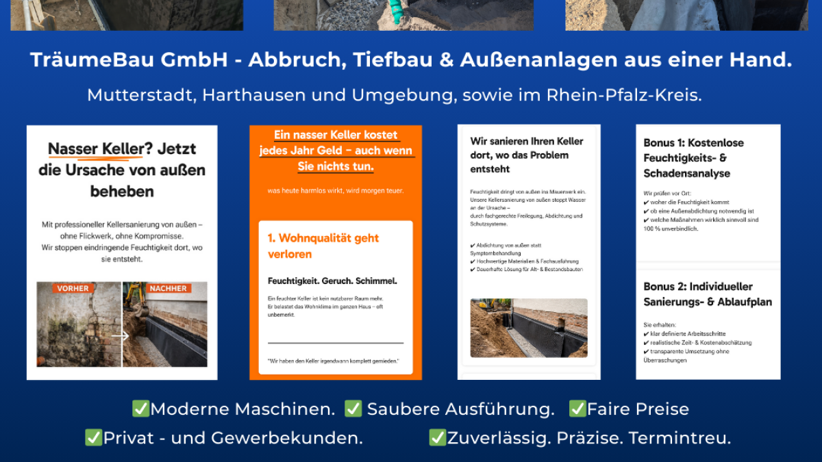 Kellersanierung: Investition in die Zukunft 
oder der schleichende Totalverlust?
TräumeBau GmbH – Werterhalt durch radikale 
Ursachenlösung.