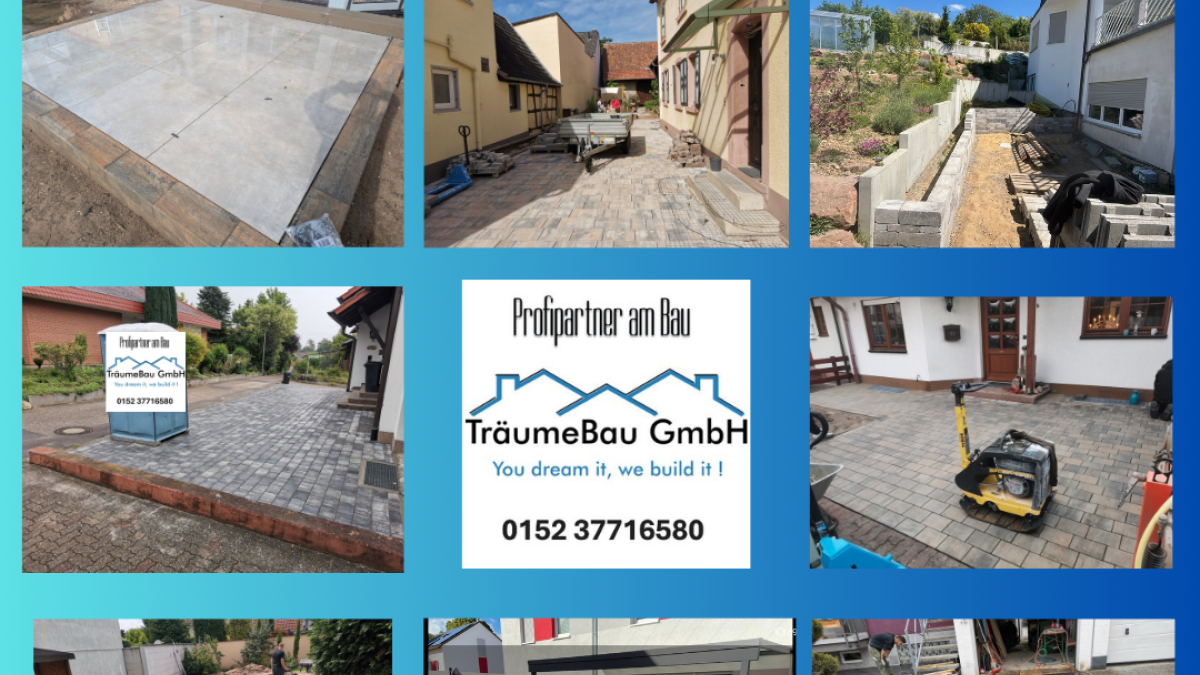 Collage unserer Referenzarbeiten: Beispiele für hochwertige Pflasterungen von Einfahrten, modernen Terrassenbau sowie dekorative Mauer- und Gartengestaltung durch die TräumeBau GmbH.