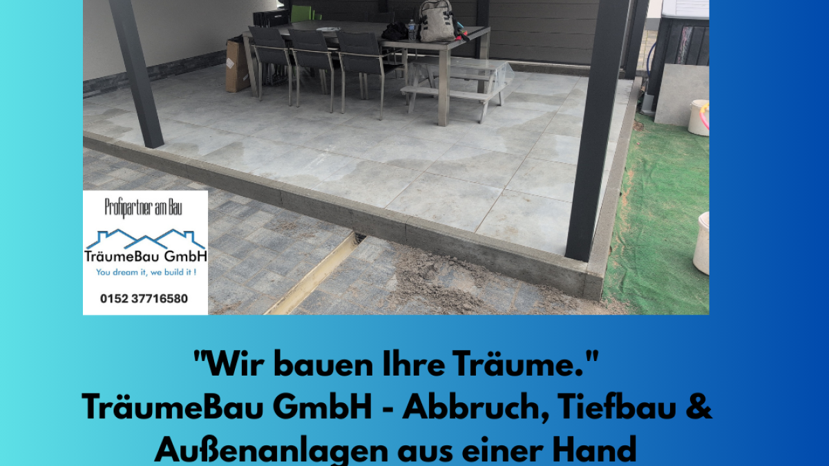 Collage unserer Referenzarbeiten: Beispiele für hochwertige Pflasterungen von Einfahrten, modernen Terrassenbau sowie dekorative Mauer- und Gartengestaltung durch die TräumeBau GmbH.