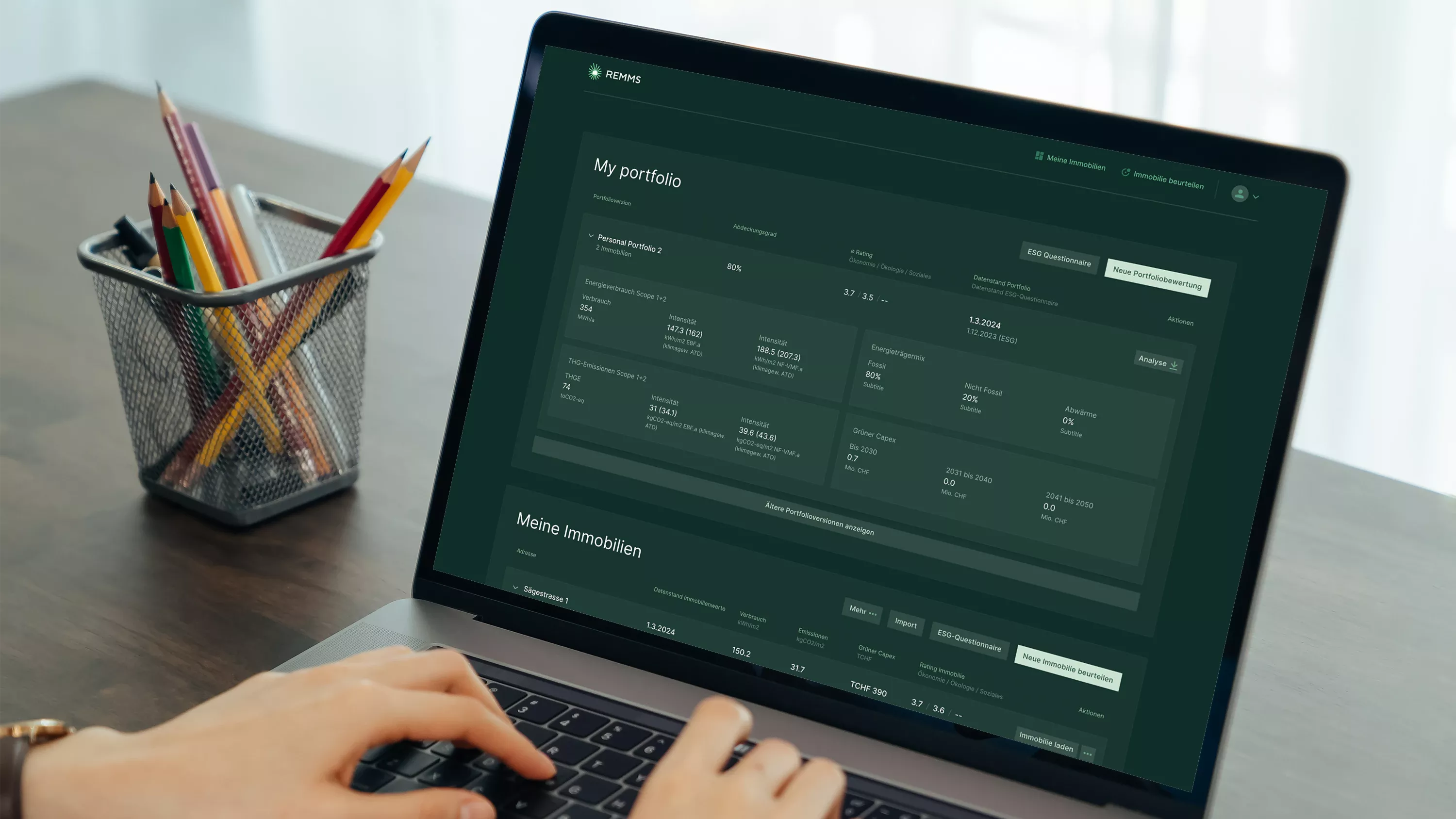 Das REMMS-Dashboard in der Anwendung: Eine übersichtliche Web-Applikation zur Erfassung und Analyse von Immobilien-Nachhaltigkeitsdaten.