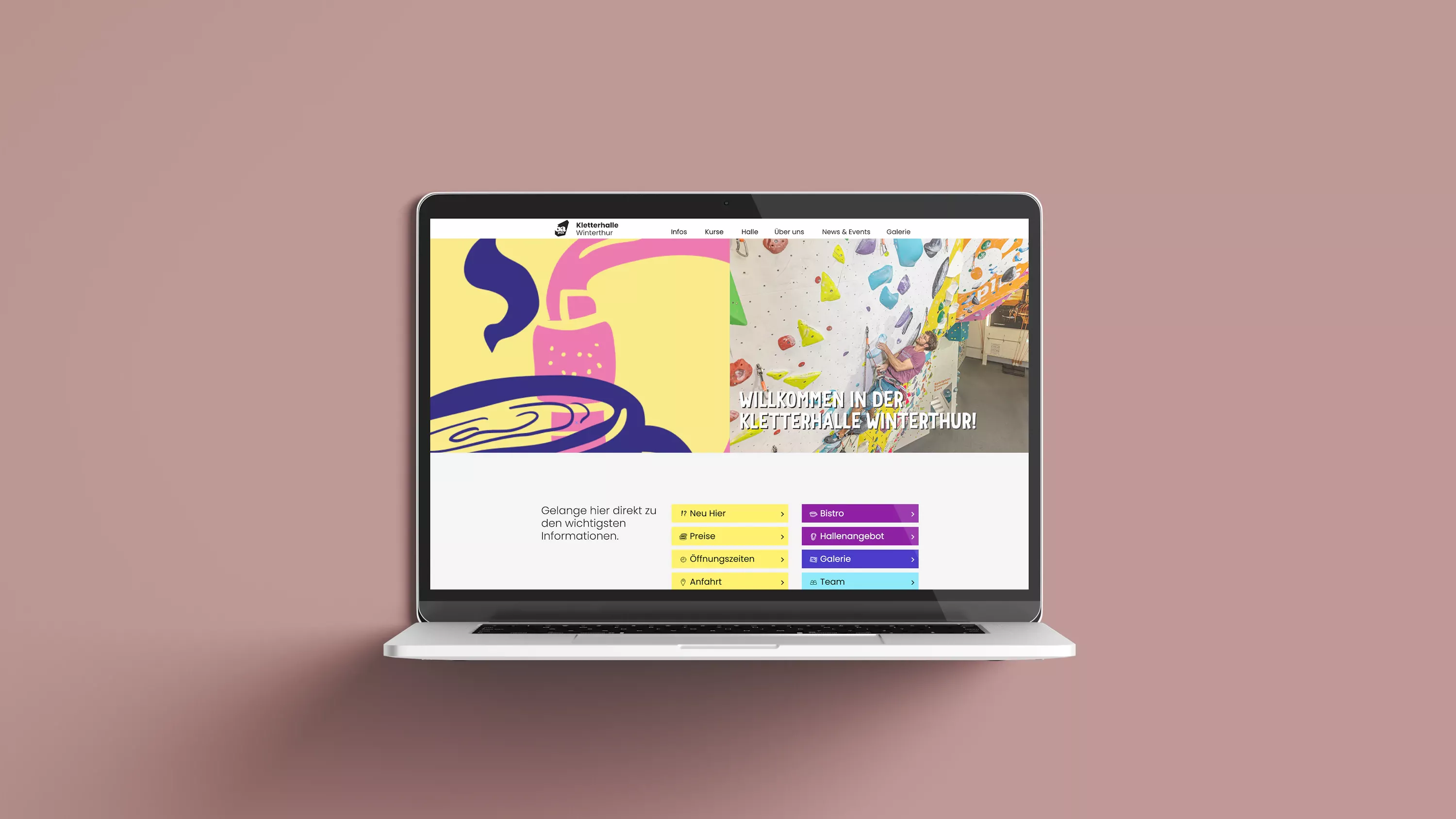 Mockup der neuen Website für die Kletterhalle 6a+ mit Dokus auf das moderne Design und die intuitive Benutzerführung in der Hero-Sektion.