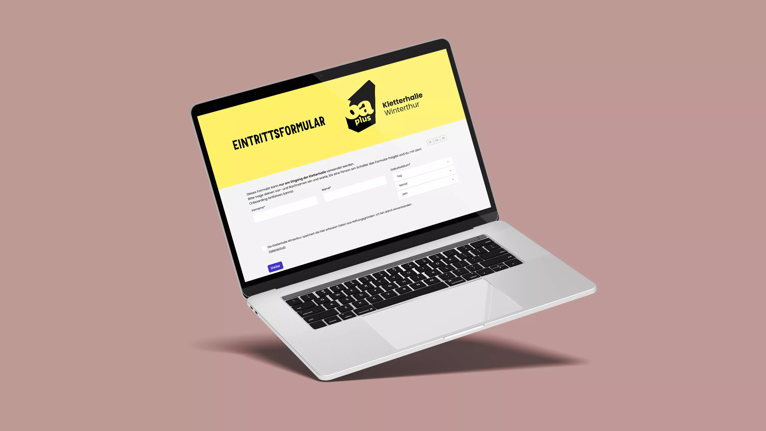 Digitalisiertes Eintrittsformular für die Kletterhalle 6a+, das Papierformular ersetzt und eine rechtssichere digitale Unterschrift ermöglicht.