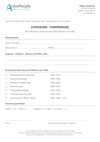 Vorlage für Verordnung oder Zuweisung, falls vom Arzt verschrieben