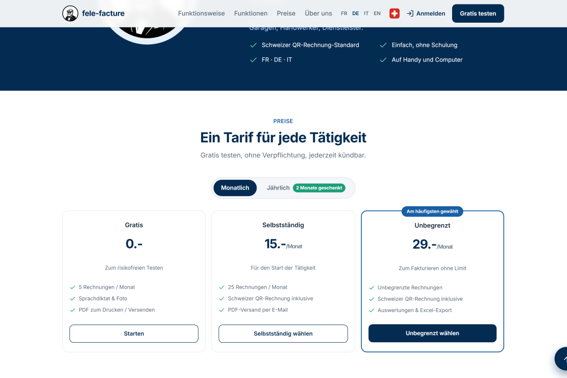 Die Tarife: Gratis-Plan mit 5 Rechnungen pro Monat ohne Kreditkarte, danach ab CHF 15 pro Monat mi..