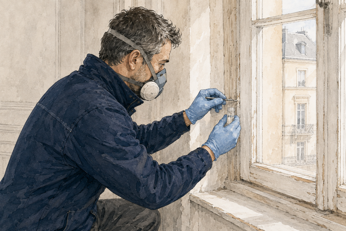 Gezielte Untersuchung im Fensterbereich: Verdächtige Materialien werden fachgerecht beprobt, um ei..