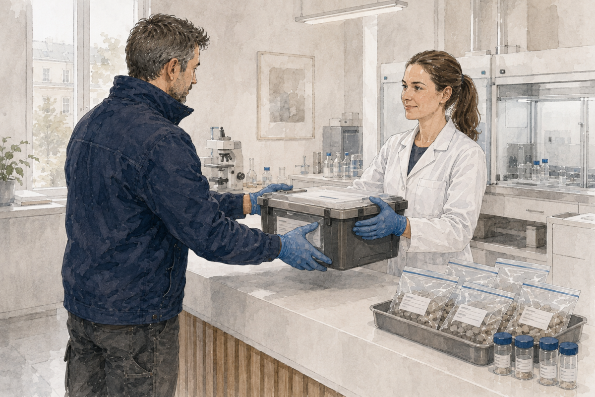 Vorbereitung der Laboranalyse: Die eindeutig beschrifteten und dokumentierten Materialproben werde..