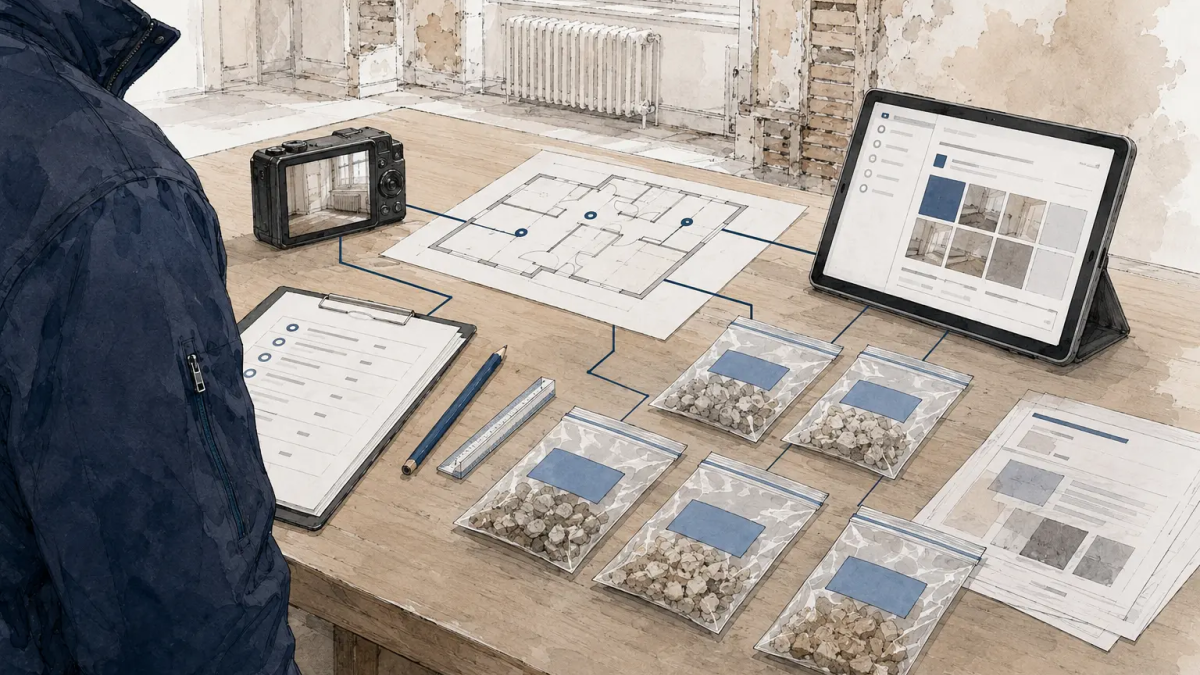 Nachvollziehbare Probendokumentation: Materialproben werden mit Fotos, Raumzuordnung und digitaler Erfassung für die Laboranalyse vorbereitet.