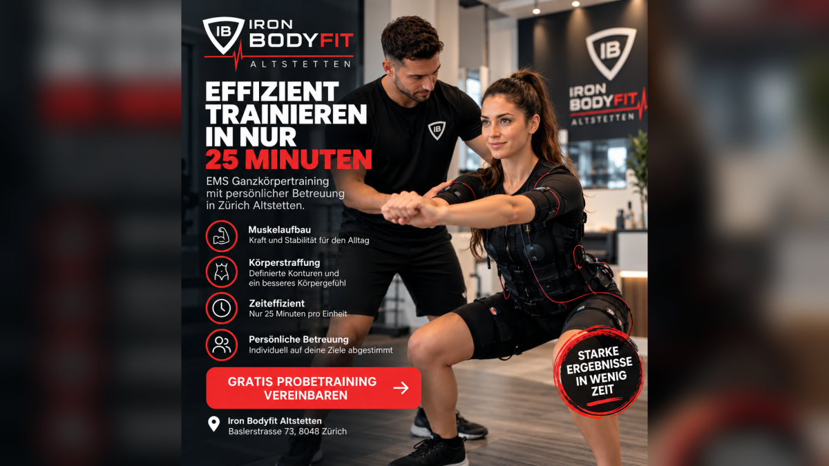 EMS Training bei Iron Bodyfit Altstetten in Zürich mit persönlicher Betreuung und professioneller miha bodytec Technologie. Effizientes Ganzkörpertraining in rund 25 Minuten für Muskelaufbau, Rücken, Körperstraffung und Fitness.